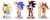Size: 1280x521 | Tagged: safe, artist:kitsune2001, miles "tails" prower, shadow the hedgehog, sonic the hedgehog, sticks the badger, badger, fox, hedgehog, beach outfit, bikini, clothes, female, male, quartet, surfboard, swimming trunks, towel, volleyball