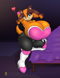 Size: 2784x3624 | Tagged: suggestive, artist:badgerben, sticks the badger, bed, busty sticks, huge hips, hyper breasts, outfit swap, rouge's heart top
