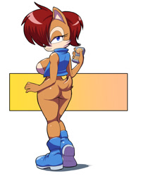 Size: 960x1200 | Tagged: suggestive, artist:kojiro-brushard, nicole the handheld, sally acorn, busty sally, looking at viewer, looking back, sally's vest and boots