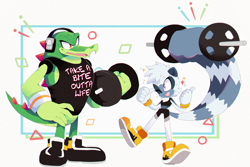Size: 900x600 | Tagged: safe, artist:motobugg, tangle the lemur, vector the crocodile, weightlifting, wink, working out, workout outfit