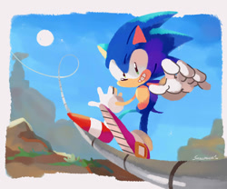 Size: 1320x1096 | Tagged: safe, artist:smallpanda, sonic the hedgehog, daytime, rail grinding, solo, sun