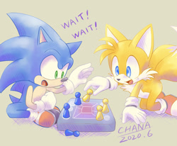 Size: 2323x1911 | Tagged: safe, artist:tailchana, miles "tails" prower, sonic the hedgehog, board game, brown background, dialogue, duo, kneeling, simple background, sitting