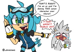 Size: 1700x1200 | Tagged: safe, artist:drstarline, silver the hedgehog, oc, oc:aqua the hedgehog, hedgehog, blushing, canon x oc, crying, duo, gay, shipping, tail wagging