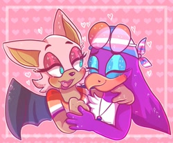 Size: 1213x1003 | Tagged: safe, rouge the bat, wave the swallow, bisexual, bisexual pride, heart, holding each other, lesbian, lesbian pride, pride, shipping, trans female, trans pride, transgender, wavouge