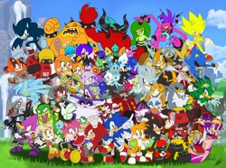 Size: 1500x1113 | Tagged: safe, artist:tyler mcgrath, amy rose, big the cat, blaze the cat, chaos, charmy bee, cheese (chao), chip, cream the rabbit, cubot, e-102 gamma, e-123 omega, emerl, espio the chameleon, froggy, gemerl, infinite the jackal, jet the hawk, knuckles the echidna, marine the raccoon, master zik, metal sonic, omochao, orbot, robotnik, rouge the bat, silver the hedgehog, sonic the hedgehog, sticks the badger, storm the albatross, super sonic, tikal, vector the crocodile, wave the swallow, wisp, yacker, zavok, zazz, zeena, zomom, zor, everyone is here, extreme gear, super form, wall of tags, werehog