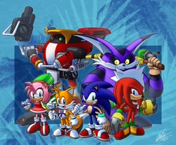 Size: 1404x1152 | Tagged: safe, artist:tyler mcgrath, amy rose, big the cat, e-102 gamma, knuckles the echidna, miles "tails" prower, sonic the hedgehog, sonic adventure, abstract background, outline, signature
