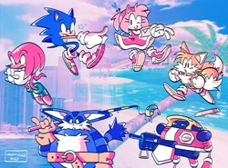 Size: 1380x1021 | Tagged: safe, artist:seaminglygood, amy rose, big the cat, e-102 gamma, knuckles the echidna, miles "tails" prower, sonic the hedgehog, beach