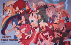 Size: 2861x1831 | Tagged: safe, artist:classic_b7u3, amy rose, blaze the cat, cheese (chao), cream the rabbit, jet the hawk, knuckles the echidna, miles "tails" prower, rouge the bat, shadow the hedgehog, silver the hedgehog, sonic the hedgehog, tangle the lemur, wave the swallow, whisper the wolf, amy's halterneck dress, blaze's tailcoat, charging, everyone is here, flag, hugging, lesbian pride, nonbinary pride, pansexual pride, pride, rouge's heart top, trans pride, wink