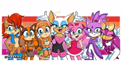 Size: 3250x1661 | Tagged: safe, artist:wizaria, amy rose, blaze the cat, rouge the bat, sally acorn, sticks the badger, tikal, wave the swallow, amy's halterneck dress, blaze's tailcoat, featured image, group, lesbian, lesbian pride, pride, rouge's heart top, sally's vest and boots, wild badger outfit, wink