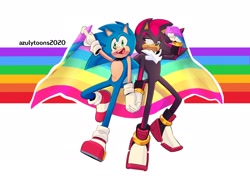 Size: 2048x1536 | Tagged: dead source, safe, artist:azulytoons, shadow the hedgehog, sonic the hedgehog, duo, featured image, flag, gay, holding hands, pride, shadow x sonic, shipping