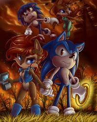 Size: 720x910 | Tagged: safe, artist:rayeofintegrity, nicole the handheld, sally acorn, sonic the hedgehog, crying, determined, nighttime, ring, sally's vest and boots, sonally
