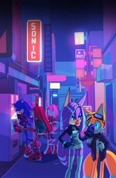 Size: 1304x2000 | Tagged: safe, artist:di-dash, amy rose, knuckles the echidna, miles "tails" prower, oc, oc:rita the dog, dog, echidna, fox, hedgehog, bubblegum, cellphone, cityscape, featured image, kicking, leaning, vending machine