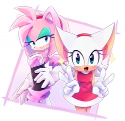 Size: 1400x1360 | Tagged: safe, amy rose, rouge the bat, age swap, aged down, aged up, amy's halterneck dress, outfit swap, personality swap, rouge's heart top