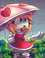 Size: 850x1100 | Tagged: safe, artist:cuteytcat, amy rose, daytime, rain, solo, umbrella