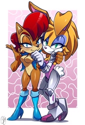 Size: 796x1168 | Tagged: safe, artist:bahnloopi, bunnie rabbot, sally acorn, holding each other, sally's vest and boots