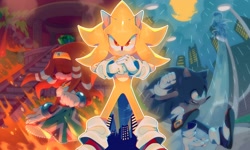 Size: 2560x1536 | Tagged: safe, artist:paiirupie, chaos, sonic the hedgehog, super sonic, tikal, fight, master emerald, super form