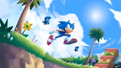 Size: 1920x1080 | Tagged: safe, artist:aryelsereio, flicky, sonic the hedgehog, clouds, daytime, flying, leaping, palm tree, sun, sunflower