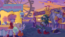 Size: 2551x1478 | Tagged: safe, artist:knockabiller, amy rose, cheese (chao), jet the hawk, nack the weasel, storm the albatross, wave the swallow, carnival, cotton candy, ferris wheel, sunset