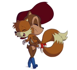 Size: 1024x922 | Tagged: safe, miles "tails" prower, sally acorn, sea3on, hugging