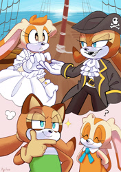 Size: 1748x2480 | Tagged: safe, artist:pycheboo, cream the rabbit, marine the raccoon, boat, daydreaming, daytime, dress, lesbian, maream, pirate outfit, question mark, shipping, sparkles