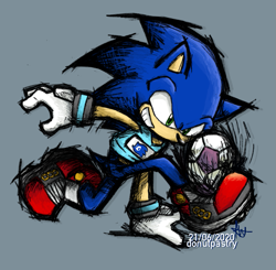 Size: 819x802 | Tagged: safe, artist:donutpastry, sonic the hedgehog, soccer, soccer ball, super mario strikers style
