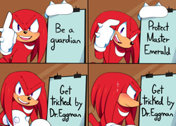Size: 1280x915 | Tagged: safe, artist:violetmadness7, knuckles the echidna, echidna, blushing, featured image, gloves, gru's plan, meme, panels, solo, sweatdrop