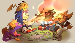 Size: 1000x573 | Tagged: safe, artist:shira hedgie, sonic the hedgehog, clank, crash bandicoot, fire, hot dog, inadvisable cooking, pikachu, ratchet the lombax, spyro the dragon
