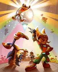 Size: 800x990 | Tagged: safe, artist:shira hedgie, sonic the hedgehog, chao, hedgehog, bandicoot, clank, crash bandicoot, dancing, disco ball, group, handstand, party, ratchet the lombax, robot, v sign