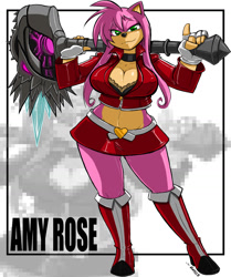 Size: 1246x1494 | Tagged: suggestive, artist:shonuff44, amy rose, looking at viewer, pole on shoulders, redesign, solo