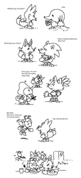 Size: 800x1760 | Tagged: safe, artist:mossworm, blaze the cat, charmy bee, espio the chameleon, knuckles the echidna, miles "tails" prower, sonic the hedgehog, dialogue, inadvisable cooking