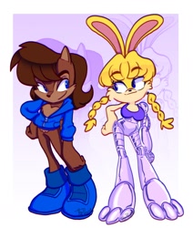 Size: 1460x1721 | Tagged: safe, artist:the proxie, bunnie rabbot, sally acorn, braids, looking at each other