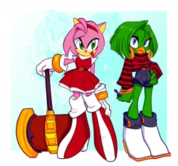 Size: 1656x1545 | Tagged: safe, artist:the proxie, amy rose, tekno the canary, amy's halterneck dress, piko piko hammer