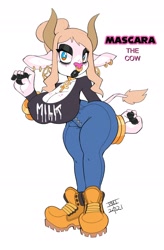 Size: 1540x2344 | Tagged: suggestive, artist:phi, oc, oc:mascara the cow, bootyfull oc, busty oc, cow, huge breasts