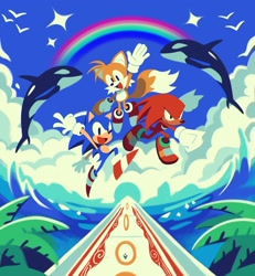 Size: 2098x2275 | Tagged: safe, artist:bonsaisonly, knuckles the echidna, miles "tails" prower, sonic the hedgehog, clouds, daytime, leaping, ocean, orca, palm tree, rainbow, ring, team sonic
