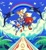 Size: 2098x2275 | Tagged: safe, artist:bonsaisonly, knuckles the echidna, miles "tails" prower, sonic the hedgehog, bird, abstract background, clouds, daytime, leaping, literal animal, ocean, orca, palm tree, rainbow, ring, sparkles, team sonic, tree