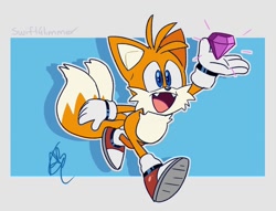 Size: 1024x784 | Tagged: safe, artist:swiftglimmer, miles "tails" prower, chaos emerald, excited