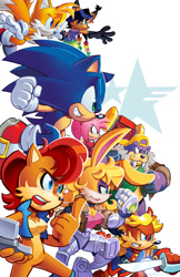 Size: 792x1224 | Tagged: safe, artist:matt herms, amy rose, antoine d'coolette, bunnie rabbot, miles "tails" prower, nicole the handheld, nicole the hololynx, rotor walrus, sally acorn, sonic the hedgehog, charging, piko piko hammer, sword