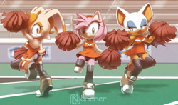 Size: 5000x2943 | Tagged: safe, artist:nancher, amy rose, cream the rabbit, rouge the bat, cheerleader outfit, watermark