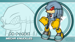 Size: 2800x1580 | Tagged: safe, artist:shadowlifeman, mecha knuckles, checkered background, echo background, gloves, red sclera, robot, shoes, solo, sonic channel wallpaper style, standing