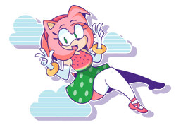 Size: 1280x943 | Tagged: safe, artist:finalfrantasy, amy rose, clouds, v sign, watermelon