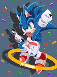 Size: 900x1200 | Tagged: safe, artist:hikaruart999, sonic the hedgehog, confetti, featured image, guitar, ring