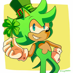 Size: 1280x1280 | Tagged: safe, artist:rosyd00dles, irish the hedgehog, hedgehog, abstract background, four leaf clover, gloves, hand on hip, holding something, looking at viewer, solo