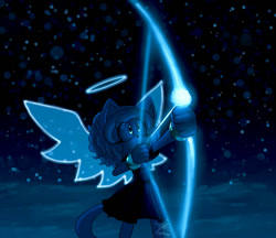 Size: 900x777 | Tagged: safe, artist:lighttheangel, oc, oc:light the angel cat, cat, arrow, bow (weapon), dress, halo, holding something, looking up, nighttime, outdoors, solo, standing, star (sky), wings