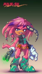 Size: 1280x2276 | Tagged: safe, artist:vladimirjazz, julie-su, character name, female, gradient background, looking at viewer, sonic the fighters, standing, tongue out