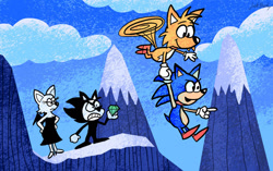 Size: 1280x804 | Tagged: safe, artist:jackbrady1010, miles "tails" prower, rouge the bat, shadow the hedgehog, sonic the hedgehog, chaos emerald, clouds, daytime, mountain, rocky & bullwinkle