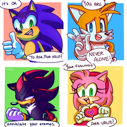Size: 1000x1000 | Tagged: safe, artist:thechaosspirit, amy rose, miles "tails" prower, shadow the hedgehog, sonic the hedgehog, dialogue, heart, panels, thumbs up, wagging finger