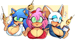 Size: 2554x1360 | Tagged: suggestive, artist:missphase, amy rose, rouge the bat, sonic the hedgehog, busty amy, busty rouge, busty sonic, cellphone, clipboard, earring, gender swap, hypnosis