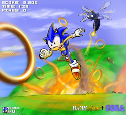 Size: 1200x1095 | Tagged: safe, buzz bomber, sonic the hedgehog, clouds, daytime, faux screencap, ring
