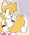 Size: 900x1092 | Tagged: artist needed, source needed, safe, miles "tails" prower, fox, abstract background, black bands, blue eyes, gender swap, gloves, hair over one eye, large ears, smile, socks, solo, two tails, white fur, white gloves, white socks, white tipped tail, yellow fur