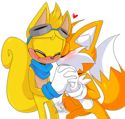 Size: 1050x1000 | Tagged: dead source, safe, artist:toxicsoul77, miles "tails" prower, ray the flying squirrel, fox, squirrel, blue gloves, blue scarf, blushing, cute, eyes closed, gay, gloves, goggles, happy, heart, holding hands, kiss, kiss on cheek, large ears, orange fur, peach fur, rayabetes, scarf, shipping, signature, simple background, smile, tailray, transparent background, two tails, white fur, white gloves, white tipped tail, yellow fur